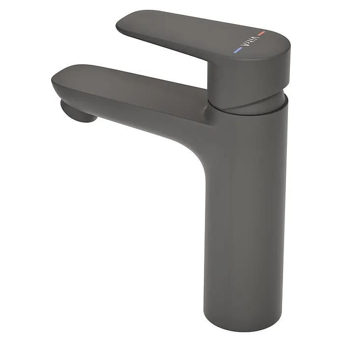 VitrA Flow Soft Waschtischarmatur - Schwarz, Höhe: 17 cm, Ohne Zugstange - Matt dunkelgraue Einhebel-Mischbatterie mit Heiß- und Kaltwasseranzeige.