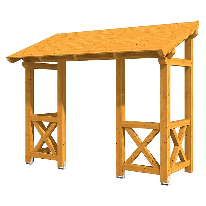 SKAN HOLZ Pultvordach Paderborn 5 - 336 x 156 x 293 cm, Eiche hell - Heller Holzpavillon mit Satteldach und seitlichen Kreuzstreben.
