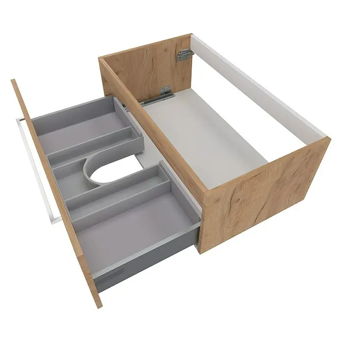 Camargue Espacio Waschtischunterschrank - 80 x 46 x 30 cm, Doce - Offener Badezimmerschrank mit Holzstruktur und grauer Schublade mit Fächern.
