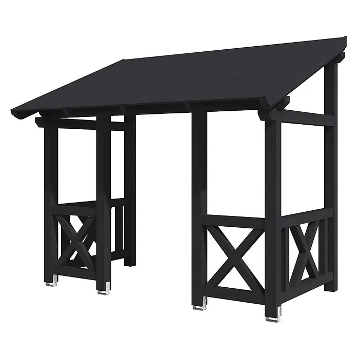 SKAN HOLZ Pultvordach Paderborn 7 - 336 x 202 x 315 cm, Anthrazit - Schwarze Holzgartenpergola mit schrägem Dach und dekorativen Kreuzstreben.