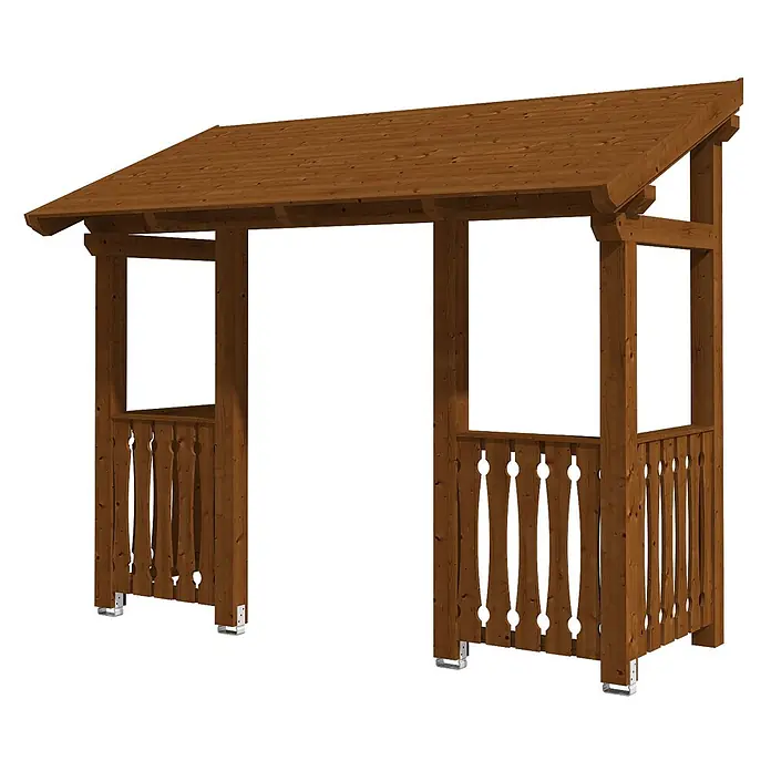 SKAN HOLZ Pultvordach Paderborn 6 - 336 x 156 x 293 cm, Nussbaum - Braune Holzpergola mit Schrägdach und dekorativen Balustraden auf Metallfüßen.