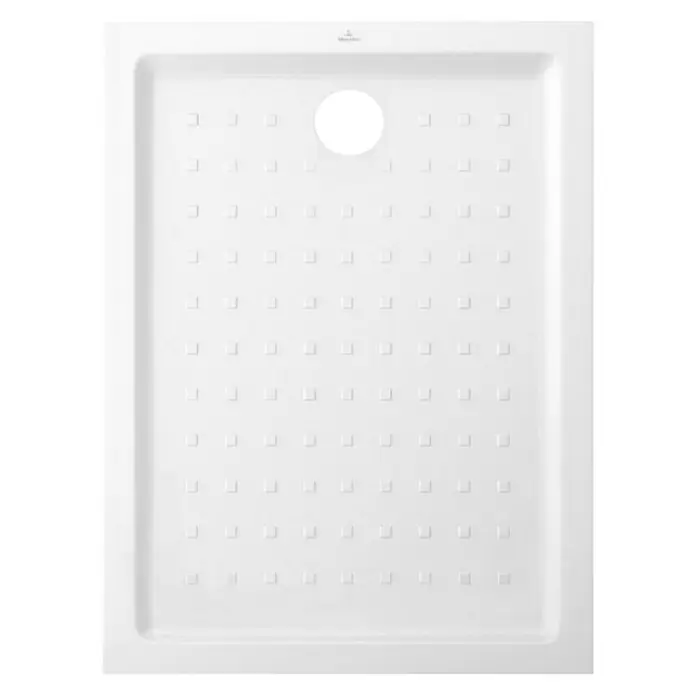 Villeroy & Boch O.novo Duschwanne - L x B: 120 x 90 cm, Keramik, Weiß, Rutschfest - Hochauflösende Aufnahme einer weißen Duschwanne mit quadratischem Muster und rundem Abfluss in der Mitte für modernes Badezimmerdesign.