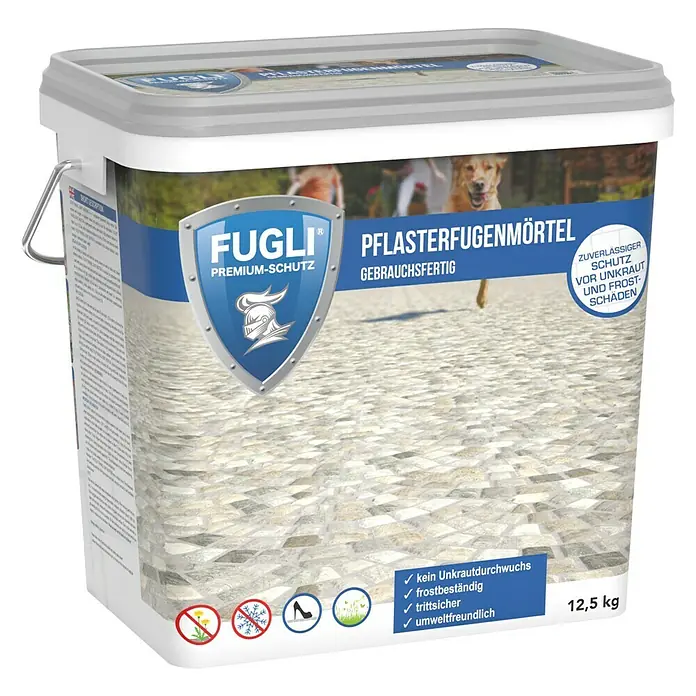 Fugli Pflasterfugenmörtel - Steingrau, 12,5 kg - Eimer Fugli Pflasterfugenmörtel Premium-Schutz, gebrauchsfertig, mit zuverlässigem Schutz vor Unkraut und Frostschäden, 12,5 kg.