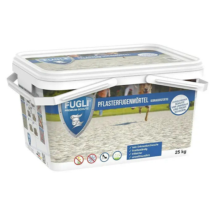 Fugli Pflasterfugenmörtel - Natur, 25 kg - Bild eines Eimers Fugli Pflasterfugenmörtel, Premium-Schutz, 25 kg, gebrauchsfertig für zuverlässigen Schutz vor Unkraut und Frostschäden.