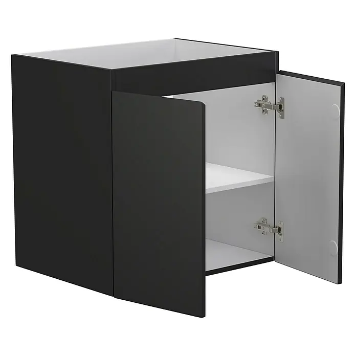 Camargue Espacio Waschtischunterschrank - 60 x 46 x 60 cm, 1 Einlegeboden, Gama anthrazit matt - Schwarzer Badezimmerschrank mit offenen Türen, der ein weißes Inneres und ein Regal zeigt. Ideal für die Badorganisation.
