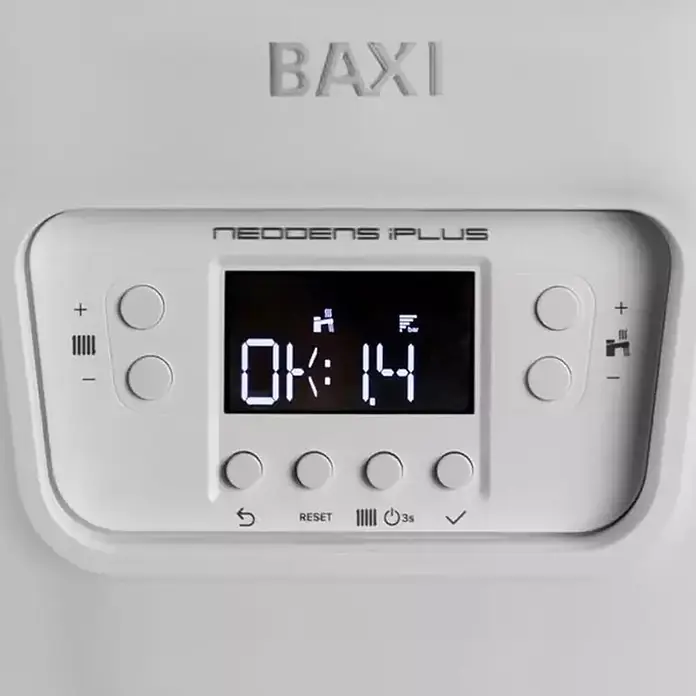 Baxi Caldera Neodens Iplus - 28 W, 8 l, Display LC - Panel de control blanco de caldera Baxi Neodens iPlus con pantalla digital 'OK: 1.4' y botones.