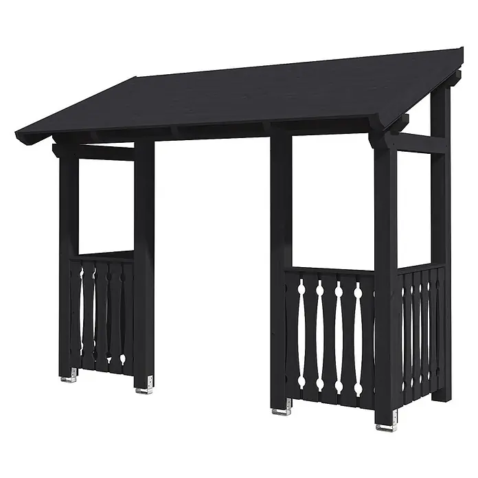 SKAN HOLZ Pultvordach Paderborn 6 - 336 x 156 x 293 cm, Anthrazit - Schwarze Gartenlaube aus Holz mit Spitzdach und dekorativen Geländern.