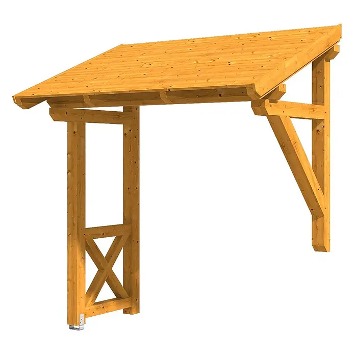 SKAN HOLZ Pultvordach Paderborn 3 - 242 x 156 x 293 cm, Eiche hell - Hellbraunes Holz-Anlehn-Dach mit Stützpfosten und Kreuzverstrebung, als Vordach oder kleiner Unterstand konzipiert.