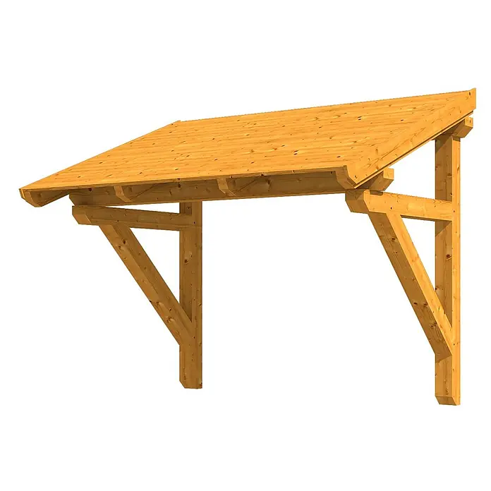 SKAN HOLZ Pultvordach Paderborn 1 - 242 x 156 x 202 cm, Eiche hell - Hölzerne Anlehnvordachkonstruktion mit sichtbarer Holzmaserung, getragen von robusten Holzbalken und Pfosten.