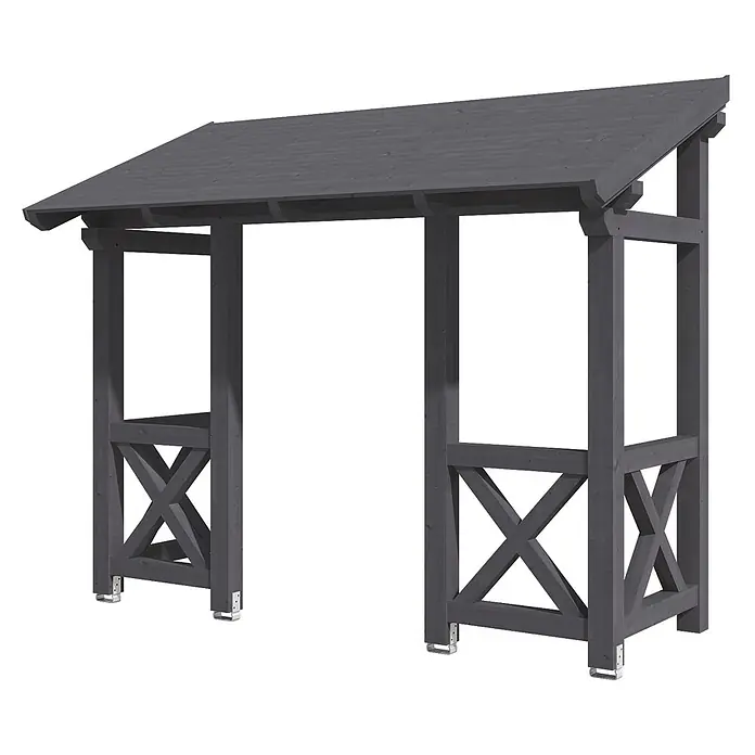 SKAN HOLZ Pultvordach Paderborn 5 - 336 x 156 x 293 cm, Schiefergrau - Dunkelgraue Holzpergola für den Außenbereich, mit Giebeldach und dekorativen X-Streben.