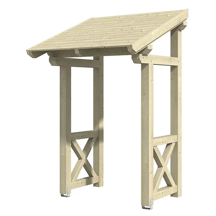 SKAN HOLZ Pultvordach Potsdam 4 - 176 x 156 x 293 cm, Natur - Helle Holzpergola mit schrägem Dach und dekorativen Kreuzstreben an den Seiten, auf Metallfüßen.