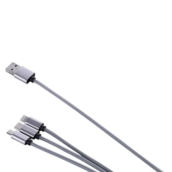 BAUHAUS USB-Ladekabel - Silber, 1 m, USB A-Stecker, USB C-Stecker, USB Micro-Stecker, Lightning-Stecker - Graues Mehrfach-Ladekabel mit USB-, USB-C-, Micro-USB- und Lightning-Anschlüssen für vielseitiges Laden verschiedener Geräte.