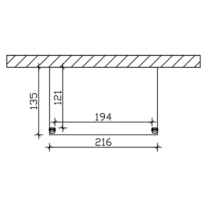 SKAN HOLZ Pultvordach Greifswald - 216 x 135 x 287 cm, Weiß (RAL 9016) - Technische Zeichnung eines aufgehängten Elements mit Maßen: Gesamthöhe 135, Breite 216, Innenabstände 121, 194.