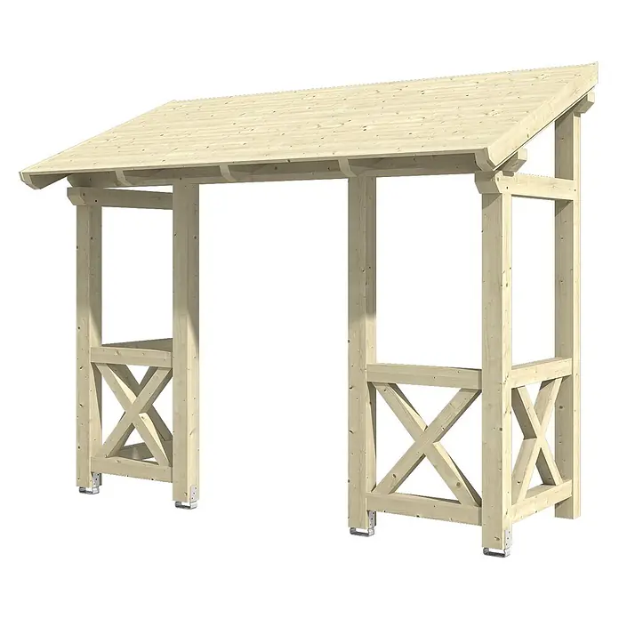 SKAN HOLZ Pultvordach Paderborn 5 - 336 x 156 x 293 cm, Natur - Helle Holzpergola mit Satteldach und dekorativen Kreuzstreben an den Seiten, ausgestattet mit Metallfußstützen.