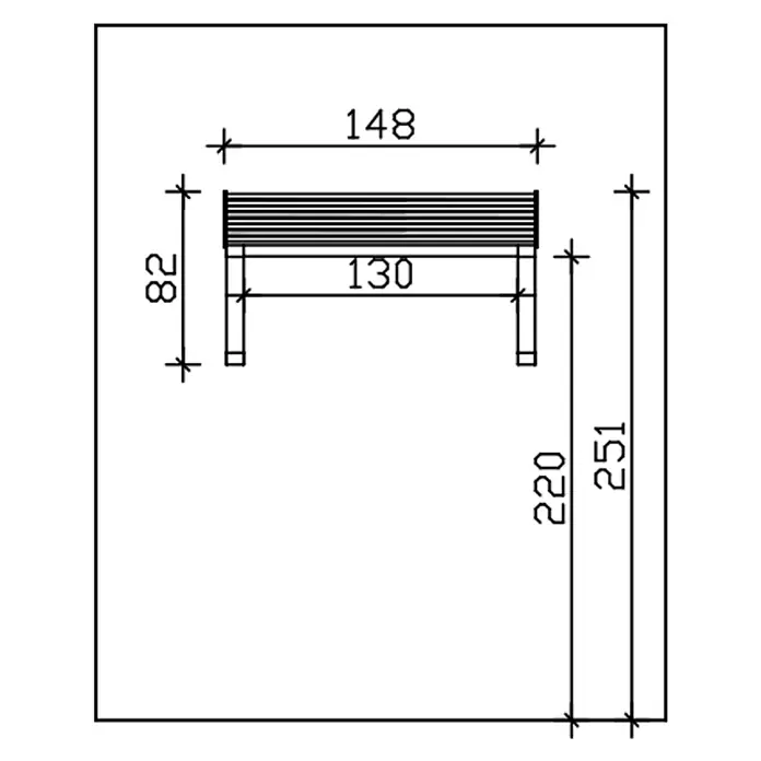 SKAN HOLZ Pultvordach Poel - 148 x 87 x 82 cm, Nussbaum - Technische Zeichnung einer Bank mit Maßen: Gesamtbreite 148, Sitzbreite 130, Sitztiefe 82, Gesamttiefe 251.