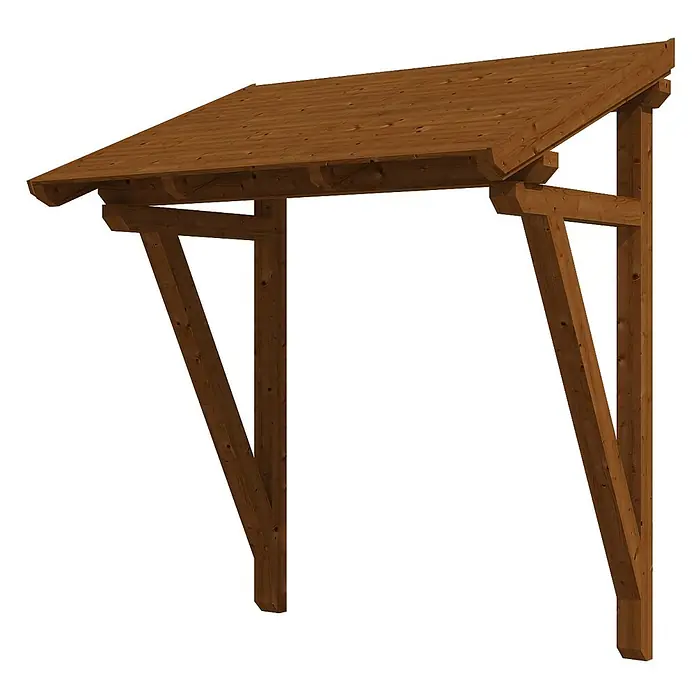 SKAN HOLZ Pultvordach Paderborn 2 - 242 x 156 x 280 cm, Nussbaum - Braunes Holzanlehn-Vordach mit Stützpfeilern.