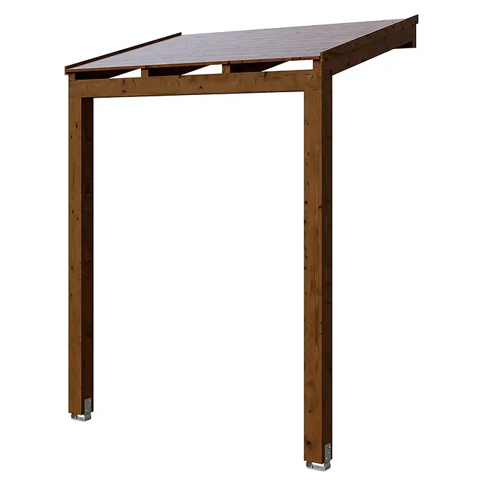 SKAN HOLZ Pultvordach Prerow - 203 x 128 x 276 cm, Nussbaum - Dunkelbraune Holz-Anlehnkonstruktion mit schrägem Dach und Metallpfostenankern.