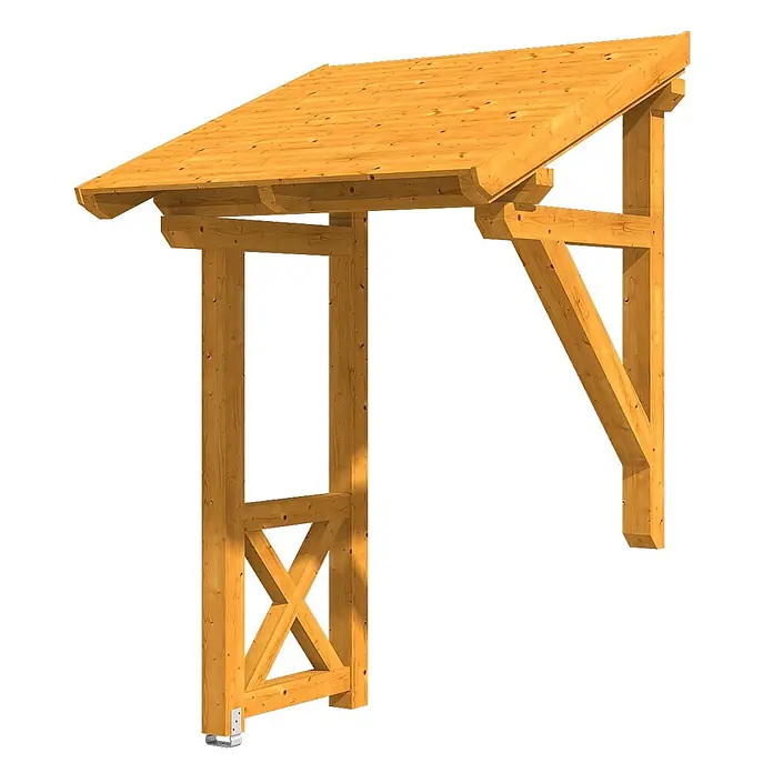 SKAN HOLZ Pultvordach Potsdam 3 - 176 x 156 x 293 cm, Eiche hell - Helles Holzvordach mit schrägem Dach, gestützt von einem Pfosten mit Kreuzstrebe und einer Wandhalterung.