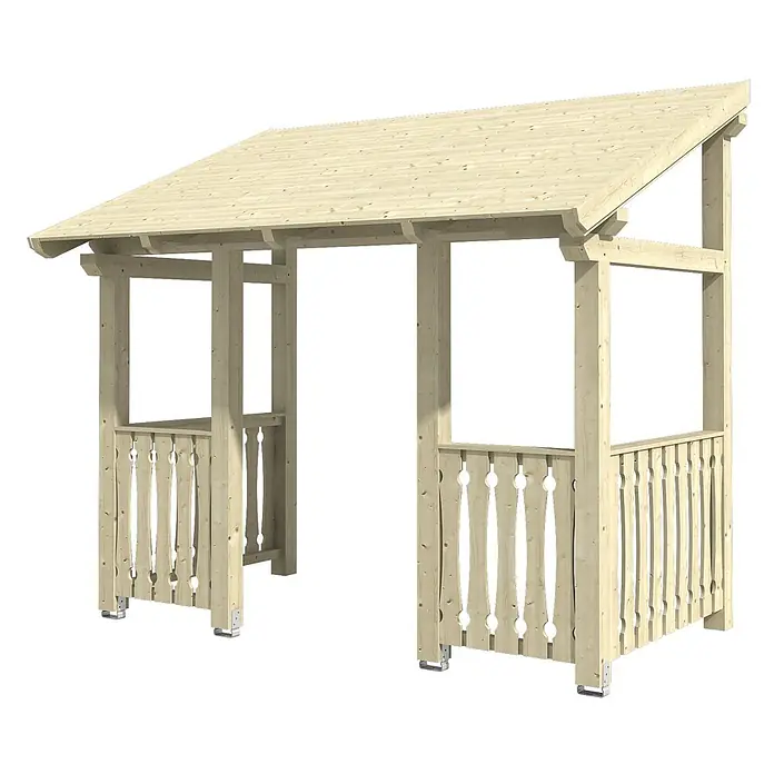 SKAN HOLZ Pultvordach Paderborn 8 - 336 x 202 x 315 cm, Natur - Gartenpavillon aus hellem Holz mit Schrägdach und dekorativen Geländern, auf Metallfüßen.