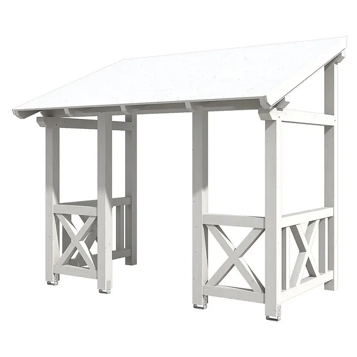 SKAN HOLZ Pultvordach Paderborn 7 - 336 x 202 x 315 cm, Weiß - Weiße Holz-Gartenpergola mit schrägem Dach und X-förmigen Seitenpaneelen.