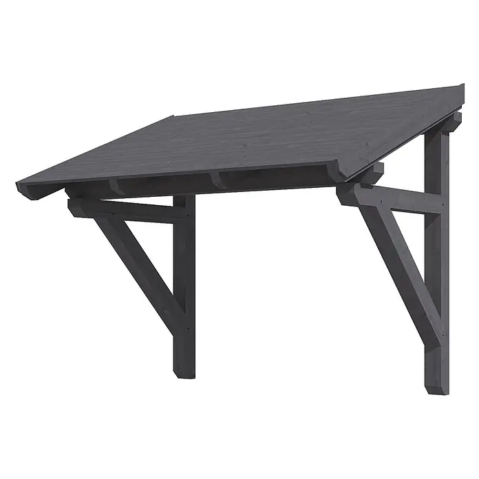 SKAN HOLZ Pultvordach Paderborn 1 - 242 x 156 x 202 cm, Schiefergrau - Dunkelgraues Vordach aus Holz mit schrägem Dach, gestützt von zwei Pfosten und diagonalen Streben.