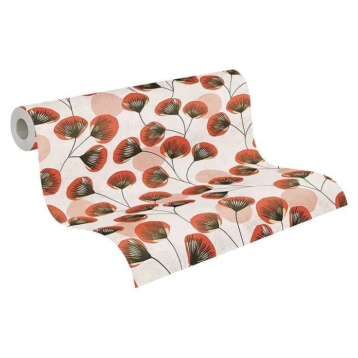 A.S. Création Nordic Feeling Vliestapete Blätter I - Grau-Rosa, Floral, 10,05 x 0,53 m - Teilweise abgerollte Tapetenrolle mit modernem Blumenmuster aus stilisierten rot-orangen Blüten und pfirsichfarbenen Kreisen auf hellem Grund.