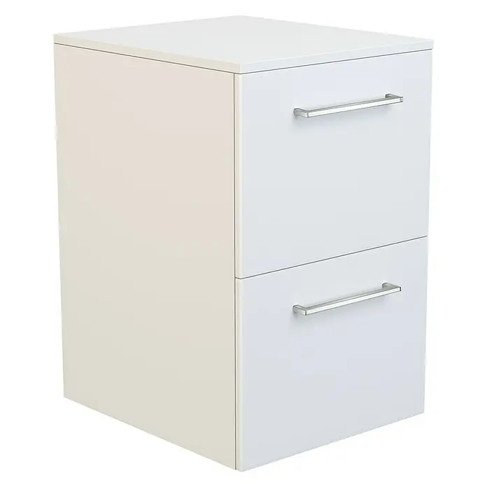 Camargue Espacio Unterschrank - 40 x 46 x 60 cm, Mira - Moderner weißer Badezimmerschrank mit zwei Schubladen und Griffen aus Metall. Der Schrank ist minimalistisch und bietet Stauraum im Badezimmer.