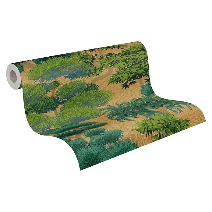 A.S. Création Cuba 2 Vliestapete Natur - Gold-Grün, Floral, 10,05 x 0,53 m - Tapetenrolle mit einer Landschaftsmusterung aus grünen und blauen Bäumen/Sträuchern auf goldenem Hintergrund.