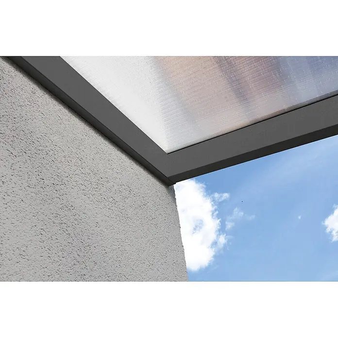 SKAN HOLZ Terrassenüberdachung Garda - B x T: 648 x 357 cm, Anthrazit, Polycarbonat, Transparent - Grauer Metallrahmen und durchscheinende Wellplatte einer Terrassenüberdachung.