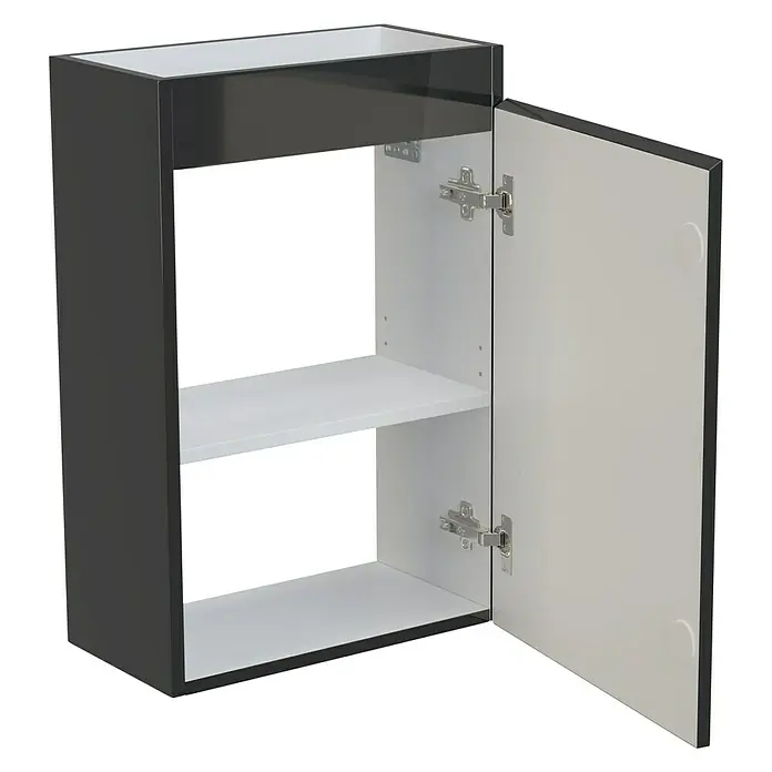 Camargue Espacio Waschtischunterschrank - 40 x 22 x 60 cm, Gama anthrazit glänzend - Ein grauer Hängeschrank mit einer weißen Innenausstattung und einer geöffneten Tür, der das Regal im Inneren zeigt.