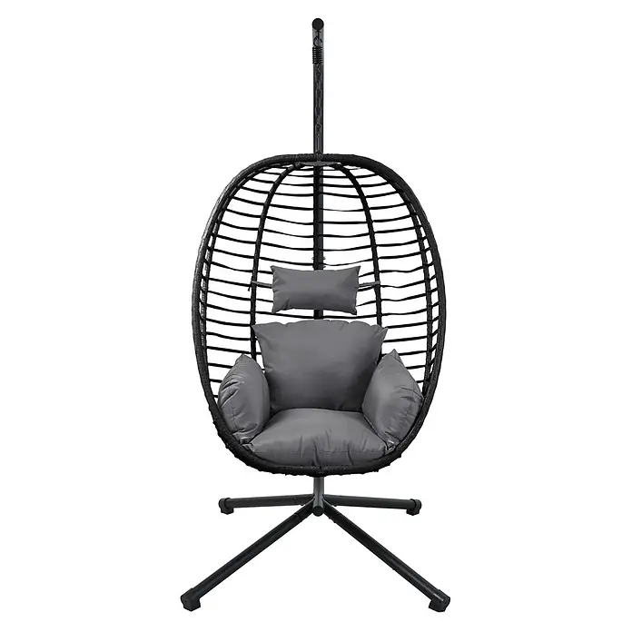 SVITA Hängesessel BELLY - L x B x H: 100 x 90 x 200 cm, Metall, Schwarz - Schwarzer Hänge-Eiersessel aus Korbgeflecht mit grauen Kissen, an einem schwarzen Metallständer mit Sternfuß.