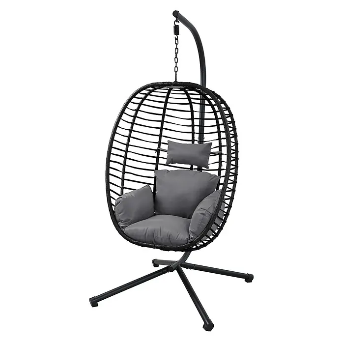 SVITA Hängesessel BELLY - L x B x H: 100 x 90 x 200 cm, Metall, Schwarz - Schwarzer Hängesessel aus Geflecht mit grauen Kissen und Metallgestell.