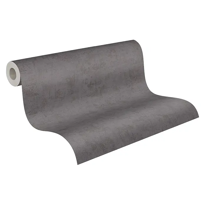 A.S. Création Nordic Feeling Vliestapete Uni I - Grau, Uni, 10,05 x 0,53 m - Rolle strukturierter grauer Tapete, entrollend.