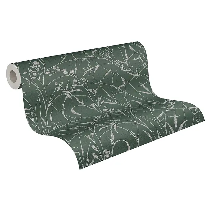 A.S. Création Metropolitan Stories Vibes & Styles Vliestapete Gräser I - Grün-Grau, Floral, 10,05 x 0,53 m - Dunkelgrüne Tapetenrolle mit hellem Blumenmuster, teilweise ausgerollt, um das Design zu zeigen.