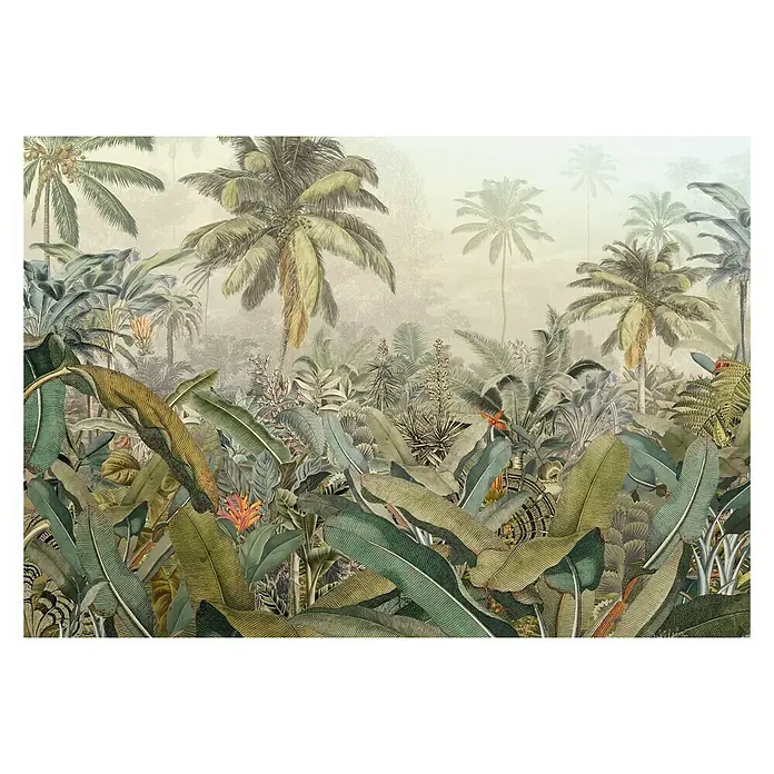 Komar Into Illusions Fototapete Amazonia - 4 -tlg., B x H: 368 x 248 cm, Vlies - Illustration eines dichten Dschungels mit üppigem Grün, hohen Palmen und exotischen Pflanzen. Detailreiche und naturgetreue Darstellung.