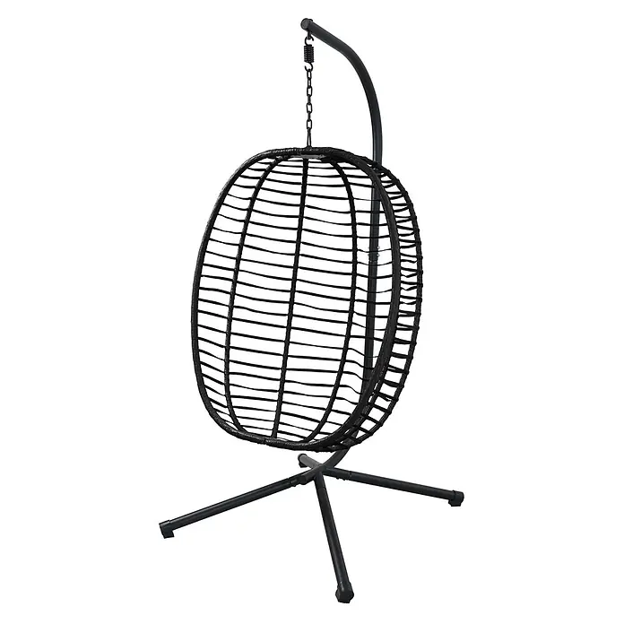 SVITA Hängesessel BELLY - L x B x H: 100 x 90 x 200 cm, Metall, Schwarz - Schwarzer Hängesessel aus Polyrattan mit schwarzem Metallgestell, Kette und Feder.