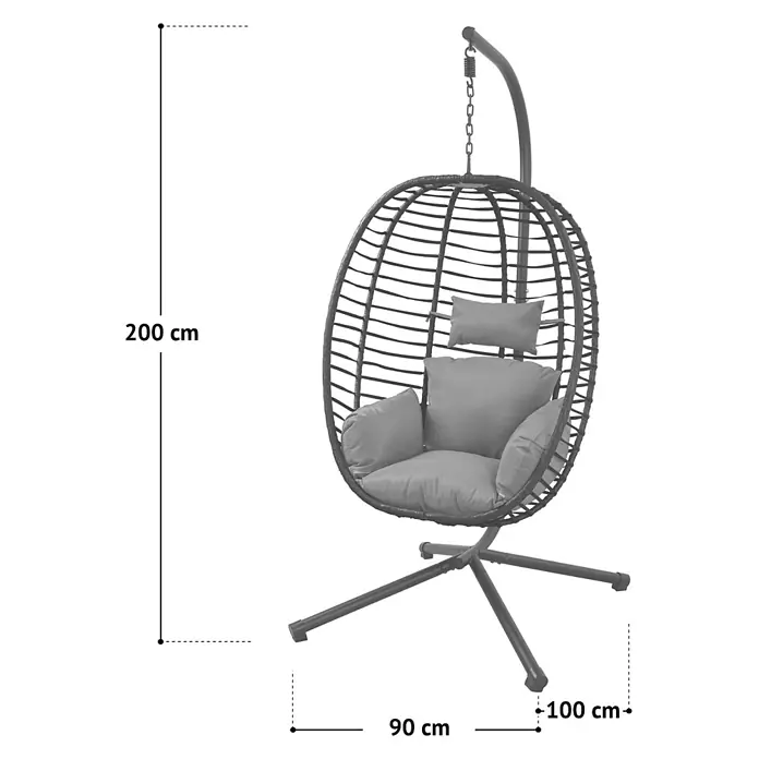 SVITA Hängesessel BELLY - L x B x H: 100 x 90 x 200 cm, Metall, Schwarz - Dunkelgrauer Hängesessel in Korbflechtoptik mit hellgrauen Kissen, an einem stabilen Metallgestell aufgehängt.