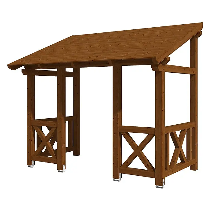 SKAN HOLZ Pultvordach Paderborn 7 - 336 x 202 x 315 cm, Nussbaum - Braune Holzüberdachung mit Schrägdach, Kreuzverstrebungen an den Seiten und Metallfüßen.