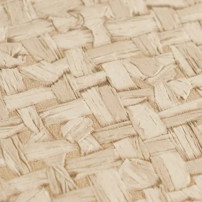 A.S. Création Metropolitan Stories Vibes & Styles Vliestapete Rattan - Beige-Creme, Uni, 10,05 x 0,53 m - Nahaufnahme einer hellbeigen Korbgeflecht-Textur, die natürlichem Bast oder Stroh ähnelt.