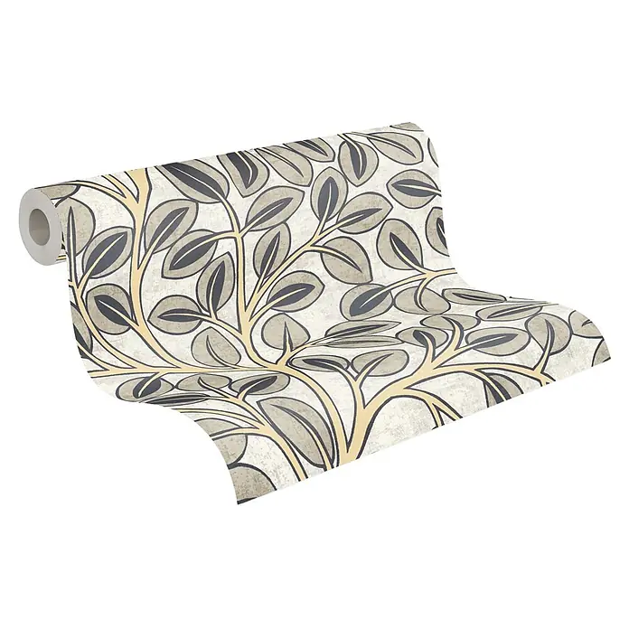 A.S. Création Nordic Feeling Vliestapete Blätter - Grau-Gelb, Uni, 10,05 x 0,53 m - Tapetenrolle mit einem Muster aus beigen, hellgrauen und dunkelgrauen Blättern und Ästen.