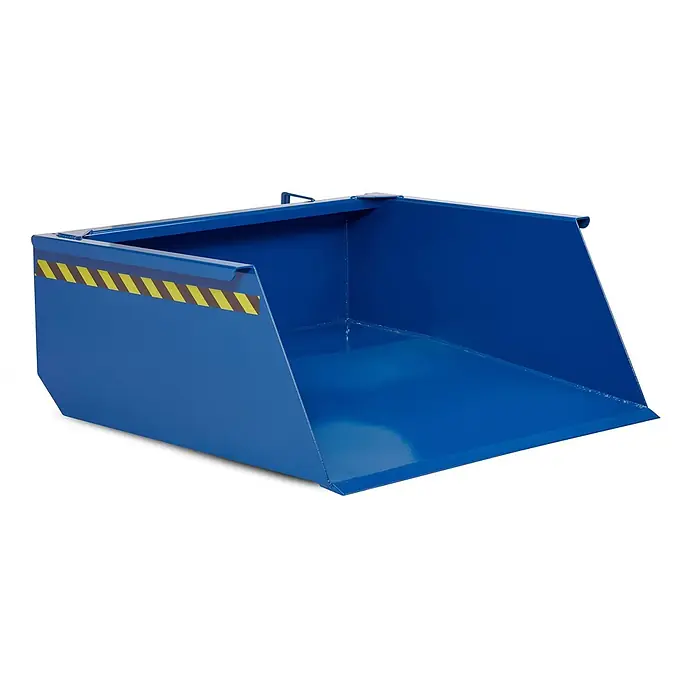 RR Industrietechnik Seitenkippschaufel RR Staplerschaufel Typ RS-50 1130x1650x550mm 500dm³ RAL 5010 Enzianblau -  - Blauer industrieller Schaufelanbau mit offener Oberseite und gelb-schwarzen Sicherheitsstreifen.