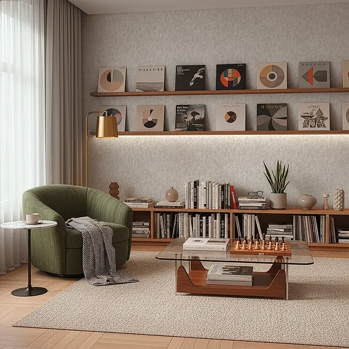 A.S. Création Metropolitan Stories Vibes & Styles Vliestapete Grafik - Grau-Weiß, Grafisch, 10,05 x 0,53 m - Gemütliches Wohnzimmer mit grünem Sessel, Glas-Couchtisch und Holzregalen voller Bücher und Schallplatten in warmer Atmosphäre.