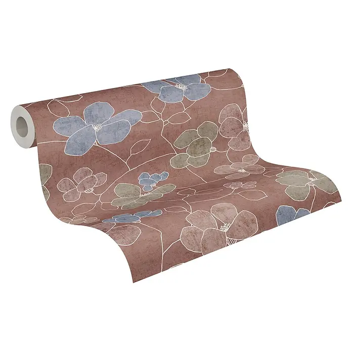 A.S. Création Nordic Feeling Vliestapete Floral - Braun-Rot, Floral, 10,05 x 0,53 m - Rolle Blumentapete, rotbraun mit blauen, grünen und rosa abstrakten Blumen. Teilweise abgerollt, zeigt das Muster.