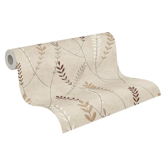 A.S. Création Nordic Feeling Vliestapete Skandi - Beige-Braun, Floral, 10,05 x 0,53 m - Abgerollte Tapetenrolle in Beige mit natürlichem, verstreutem Blattmuster in Braun- und Cremetönen.