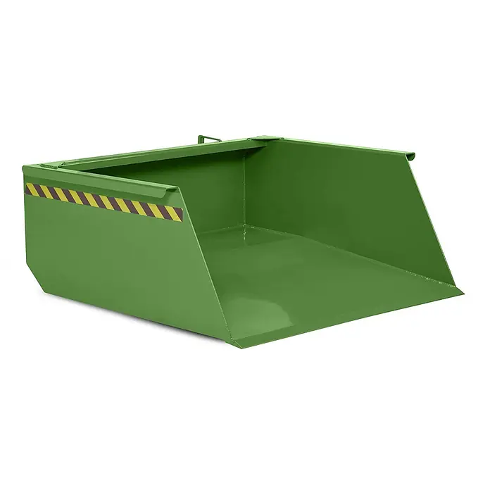 RR Industrietechnik Seitenkippschaufel RR Staplerschaufel Typ RS-75 1390x1615x550mm 750dm³ RAL 6011 Resedagrün -  - Grüner Metall-Industrieschaufel mit gelb-schwarzen Warnstreifen für Schüttguthandling.