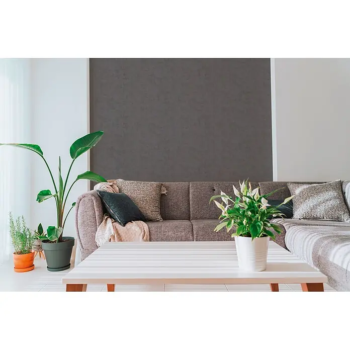 A.S. Création Nordic Feeling Vliestapete Uni I - Grau, Uni, 10,05 x 0,53 m - Ein modernes graues Sofa mit Kissen und ein weißer Latten-Couchtisch schaffen einen gemütlichen Wohnraum, akzentuiert durch Pflanzen.