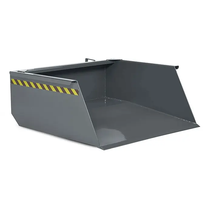 RR Industrietechnik Seitenkippschaufel RR Staplerschaufel Typ RS-100 1640x1900x550mm 1000dm³ RAL 7005 Mausgrau -  - Graue Industrieschaufel aus Metall mit gelb-schwarzen Warnstreifen.