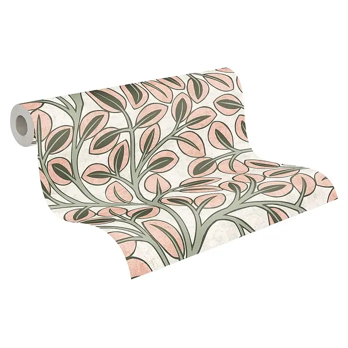 A.S. Création Nordic Feeling Vliestapete Blätter - Grau-Grün, Uni, 10,05 x 0,53 m - Tapetenrolle mit botanischem Muster aus rosa Blättern und grünen Ästen auf cremefarbenem Hintergrund.