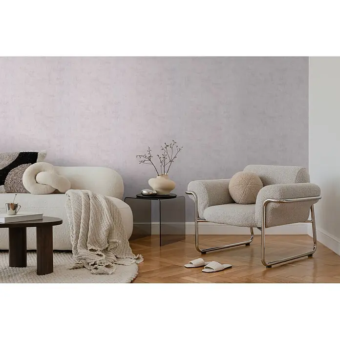 A.S. Création Nordic Feeling Vliestapete Uni - Lila-Blau, Uni, 10,05 x 0,53 m - Hellgraue Textiltapete schafft ein ruhiges, modernes Wohnzimmerambiente.