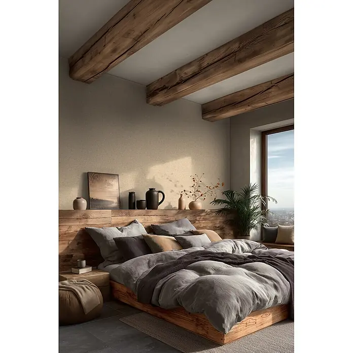 A.S. Création Metropolitan Stories Vibes & Styles Vliestapete Rattan - Beige-Creme, Uni, 10,05 x 0,53 m - Rustikales Schlafzimmer mit Holzbettrahmen, grauer Leinenbettwäsche und Holzbalken an der Decke, mit großem Fenster.